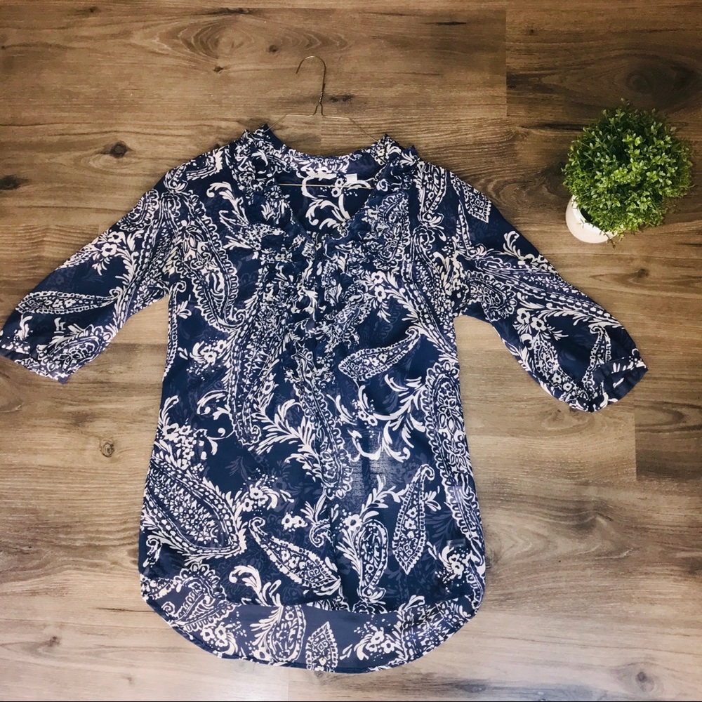 New York and Company blue and white floral blouse